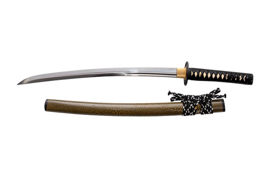 Black cord tie on grip  Japanese sword and textured scabbard with steel fitting isolated in white background. 