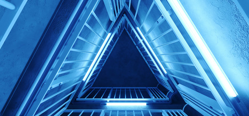 Obraz premium Sci Fi Alien Hi Tech Realistic Triangle Shaped Metal Construction With Neon Glowing Vibrant Ice Blue Lights Grunge Concrete Tunnel Corridor Empty Reflections 3D Rendering