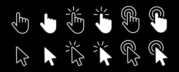 Set of Hand Cursor icons click and Cursor icons click. Isolated on Black background