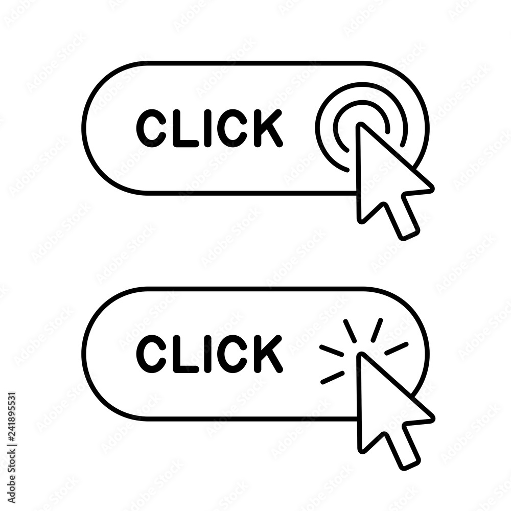 Poster set of click here button with cursor icon. isolated on white background