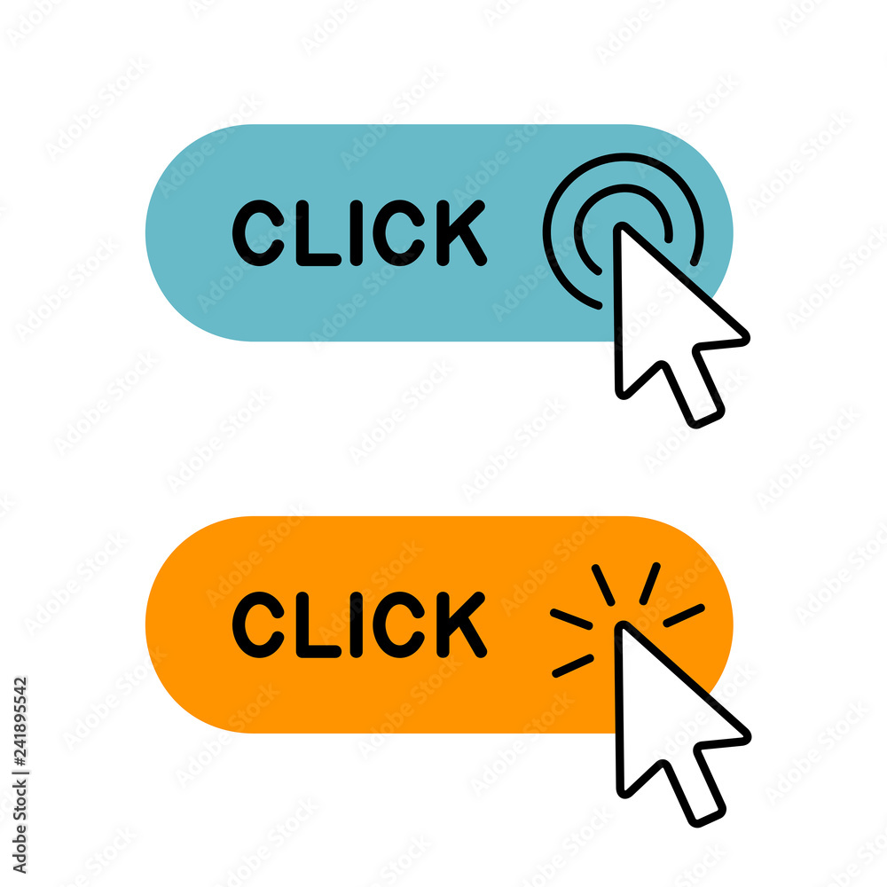 Poster set of click here button with cursor icon. isolated on white background