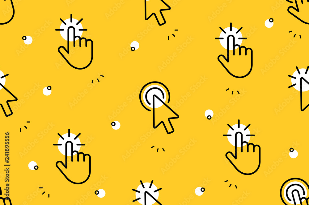 Poster seamless pattern with hand cursor and cursor icons. isolated on yellow background