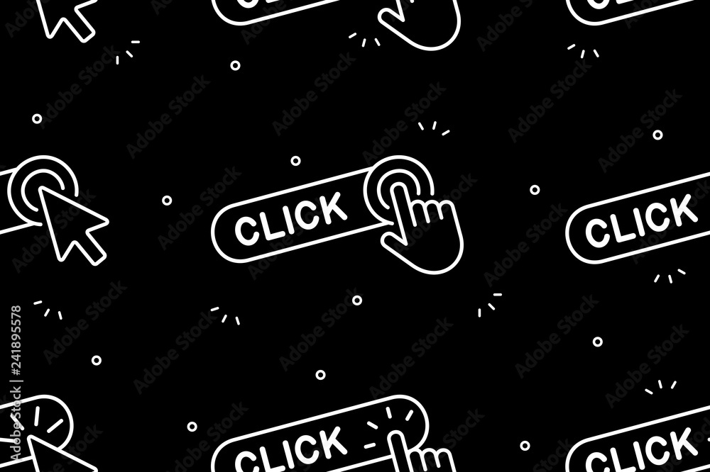 Poster seamless pattern with click here button with hand icon and click here button with cursor icon. isola