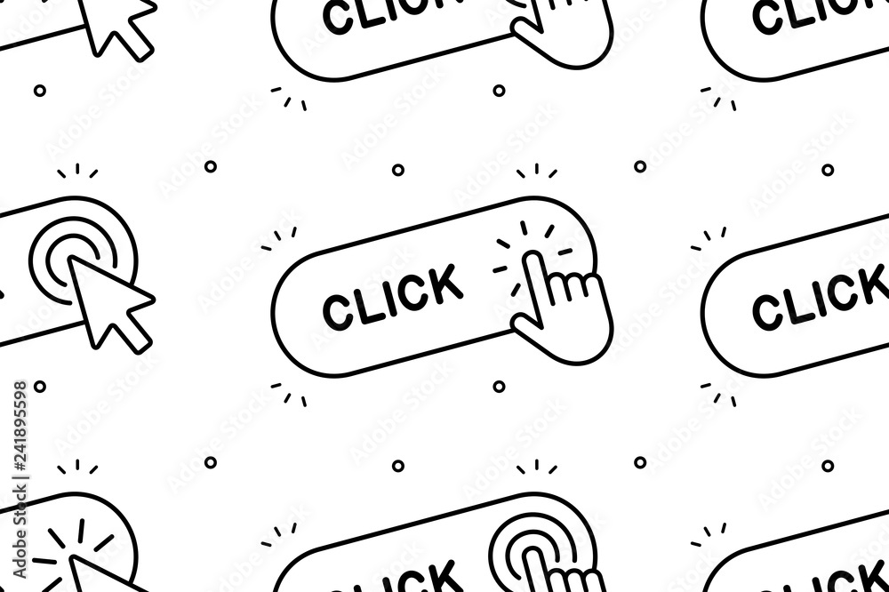 Poster seamless pattern with click here button with hand icon and click here button with cursor icon. isola