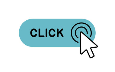 Click here button with Cursor icon. Isolated on White background