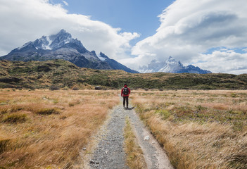 Fototapeta na wymiar Trekking the Patagonian mountain range in Torres del Paine National Park Chile