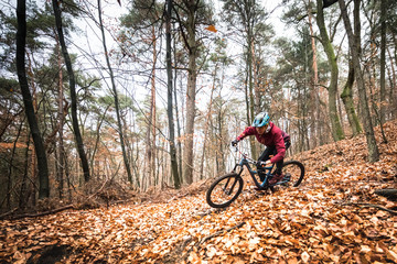 Fototapeta na wymiar Sport extrême vtt de descente dans les bois en automne