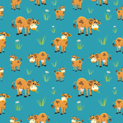 Hand drawn quirky cow seamless pattern. Cute farm animals cheerful design element. Cartoon childlike-inspired cows vector background for kids textile, fabric. Fun domestic cattle mammal in baby style
