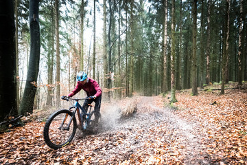Naklejka premium Sport extrême vtt de descente dans les bois en automne