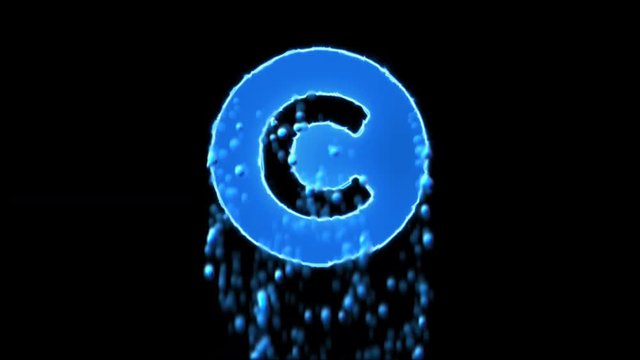 Liquid symbol copyright appears with water droplets. Then dissolves with drops of water. Alpha channel black