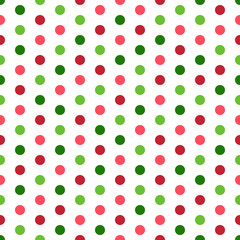 Colorful Polka Dots Seamless Pattern - Green, light green, pink, and red polka dots on white background