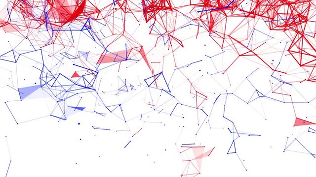 Red and blue particles are flying slowly on a white background. Animated abstract background. 3d render