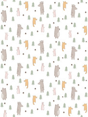 Lovely Hand Drawn Woodland Theme Vector Pattern. Cute Abstract Animals Standing Among Trees. White Background. Funny Infantile Style Nursery Art. Bear, Fox, Deer and Bunnies.