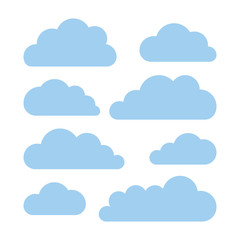 Cloud Computing Illustration - Set of 8 blue cloud shapes isolated on white background