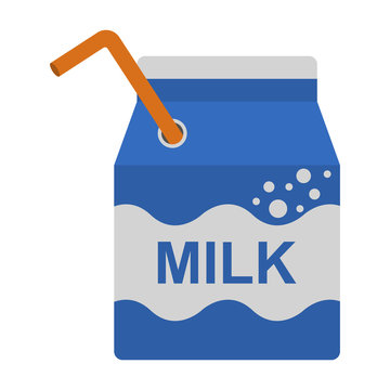 Milk Carton Illustration - Small blue milk carton and orange straw isolated on white background