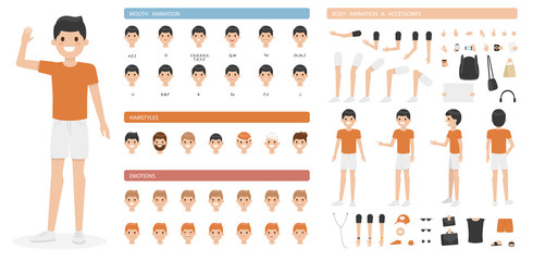 Cute cartoon boy character set isolated on a white background. Collection of emotions, hairstyles, accessories. Mouth and body animation. Simple design. Flat style vector illustration.
