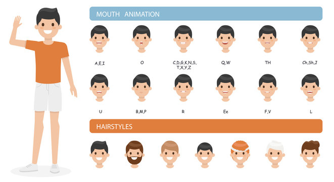 Cute cartoon boy character set isolated on a white background. Collection of emotions and hairstyles. Mouth animation. Simple design. Flat style vector illustration.