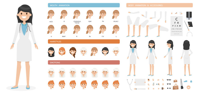 Cute cartoon doctor woman character set isolated on a white background. Collection of emotions, hairstyles, accessories. Mouth and body animation. Simple design. Flat style vector illustration.