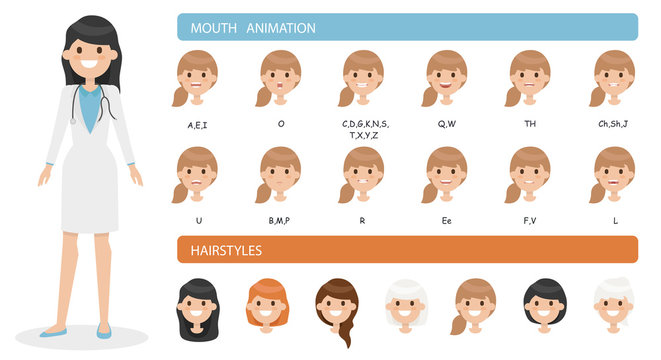 Cute cartoon doctor woman character set isolated on a white background. Collection of emotions and hairstyles. Mouth animation. Simple design. Flat style vector illustration.