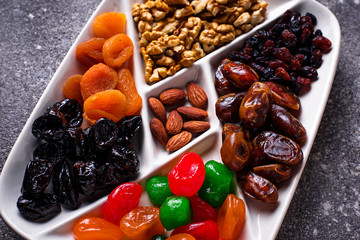 Mix of dried fruits and nuts in plate