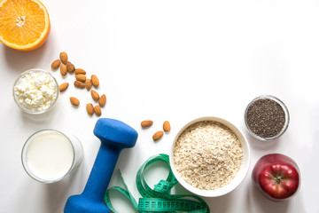 Healthy balance food representation for weight loss. Space for text.
