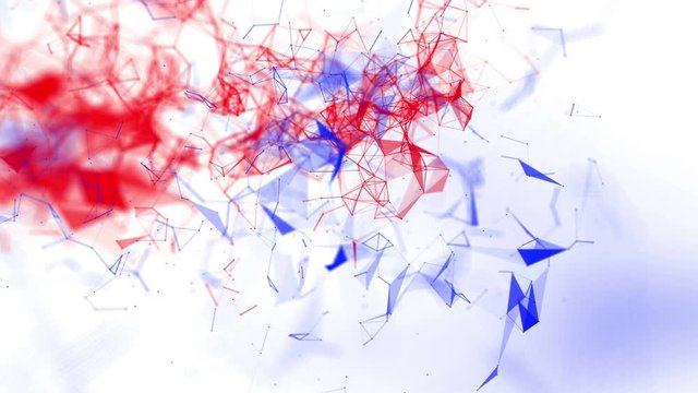 Red and blue particles are flying slowly on a white background. Animated abstract background. 3d render