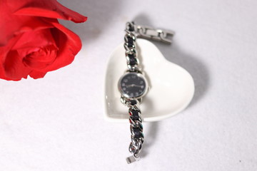 赤い薔薇の花と女性用腕時計(白背景)