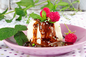 Cream pudding with chocolate sauce, raspberry and mint on  tablecloth