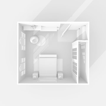 3d interior rendering of white furnished queen size bedroom