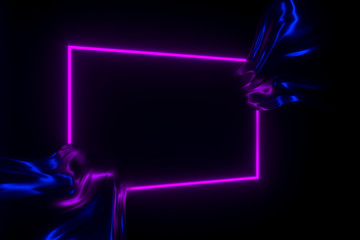 Shiny flowing fabric in neon lighting rectangle frame 3D illustration