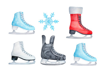 Colorful ice skating shoes. Red, blue, white and black colors; girl and boy variations. Hand painted watercolour drawing, cutout clip art elements for winter party invitations, scrapbooking, prints.