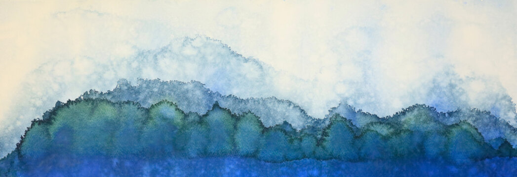 An original abstract watercolor painting  by me of the sky, tree, snow and lake in a horizontal presentation.