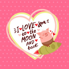 cute valentines day vector card with pig