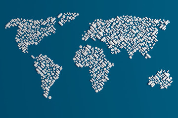 Background of scattered on a plain blue background of many tablets in the form of a silhouette of the continents of the world 3d illustration