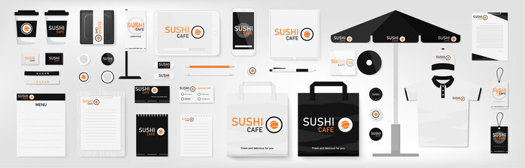 Corporate identity template set. Sushi cafe. Orange, black and white color branding mock up. Simple realistic business stationery design. Logo template for company. Flat style vector illustration. - obrazy, fototapety, plakaty