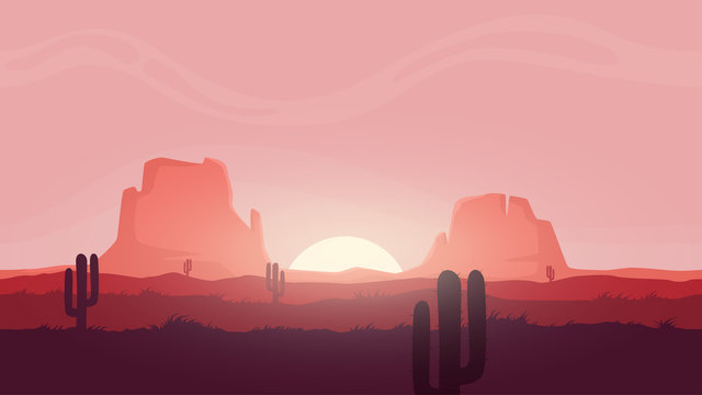 Seamless desert landscape. Beautiful high quality unending background. Layered for parallax effect. For 2d game. Simple cartoon design. With sunset. cactuses, mountains. Flat style vector illustration