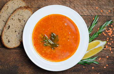 Lentil Soup on Wooden Background, Vegetable Soup