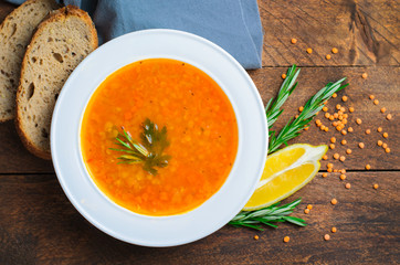 Lentil Soup on Wooden Background, Vegetable Soup