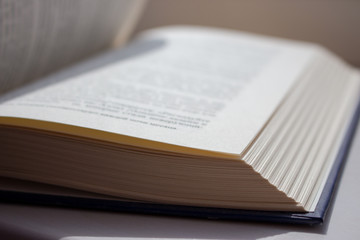 Obraz premium Open book isolated. Literature and education concept. Knowledge and wisdom background. Open pages with text. Library concept. Book storage. Open information. Read and study. Open book on table.