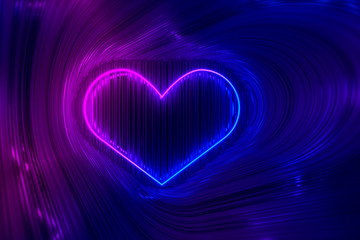 The silhouette of a glowing neon heart on the background of shiny stripes. 3D illustration