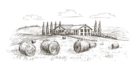 Rural landscape, village sketch. Farm, vintage vector illustration © ~ Bitter ~
