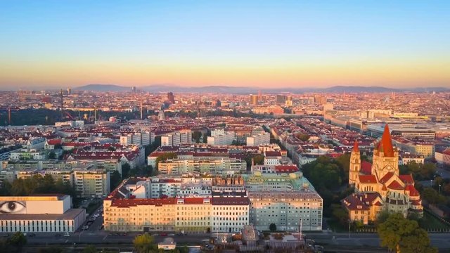 vienna aerial shot drone comes out  the window fly over city center