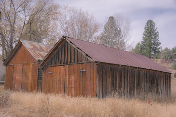 Country barns in fog