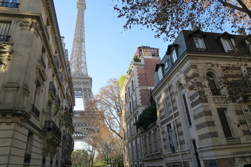 Fototapeta na wymiar Eiffel Tower peeking between the building. 