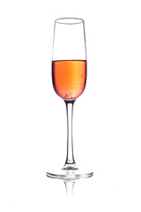 Rose pink champagne glass with bubbles isolated on white background