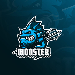 monster fish mascot logo design vector with modern illustration concept style for badge, emblem and tshirt printing. angry fish illustration with a spear in hand.
