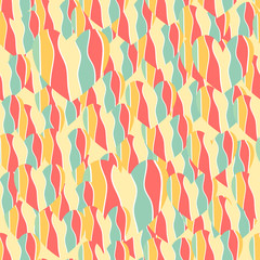Abstract colorful like rainbow hearts of different sizes overlapping each other. Vector illustration of a repeating seamless pattern on a light background.