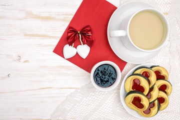 Valentine's Day. morning coffee with pastries and hearts
