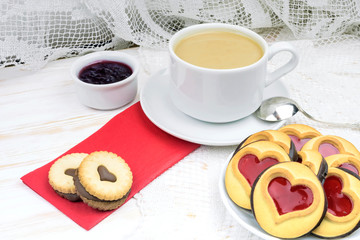 Valentine's Day. morning coffee with pastries and hearts