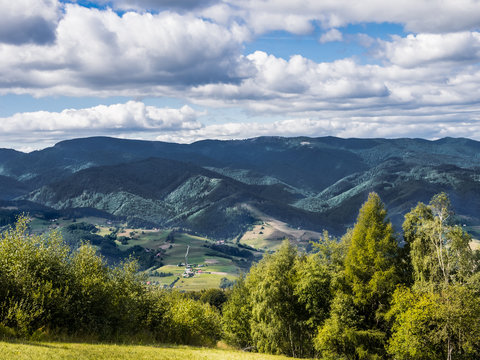 View of village Rytro in autumn from mountain top Makowica. Beskids Mountains, Poland.